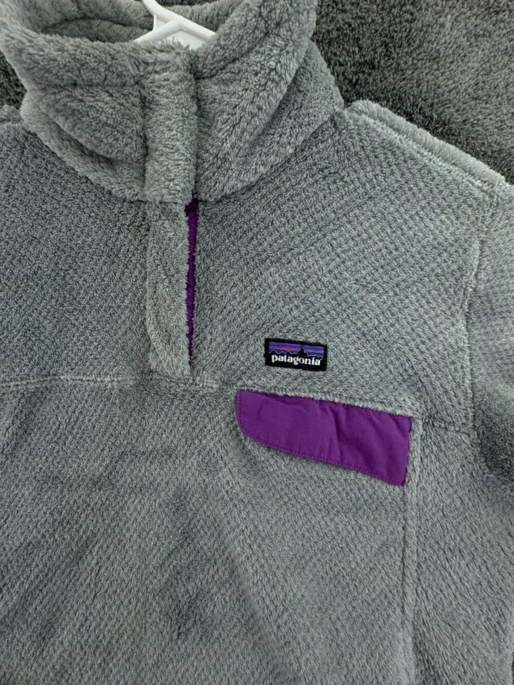 Patagonia Women Jacket Adult Gray Purple Medium W/ Pocket, Logo 1/4 Snap Soft
